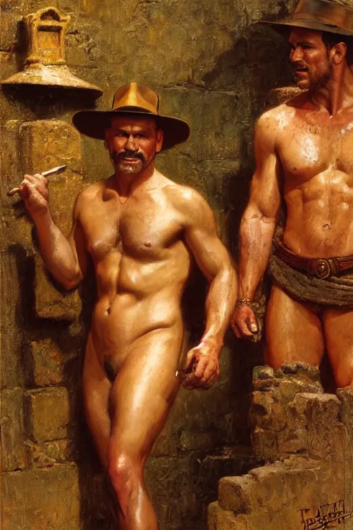 Image similar to indiana jones at a roman bathhouse, painting by, tom of finland, gaston bussiere, craig mullins, j. c. leyendecker