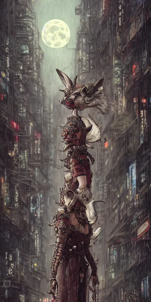 Image similar to hyper realistic Princess Mononoke, ornate mask, wet market street, rainy atmosphere, full moon, cyberpunk metropolis, city landscape, jewels, full body pose, wolves, style of tom bagshaw, mucha, james gurney, norman rockwell, denoised, sharp