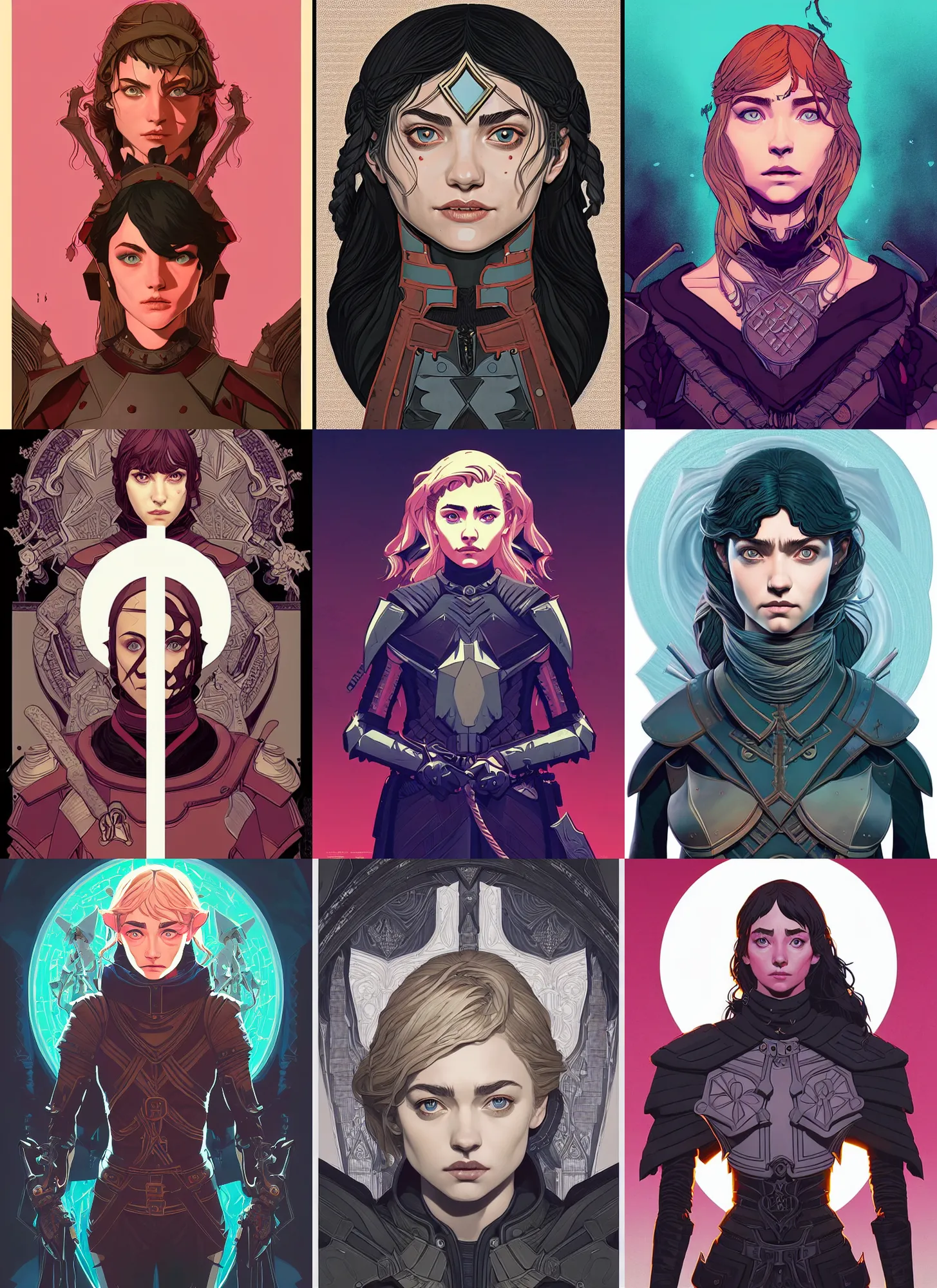 Prompt: front facing symmetrical centered portrait, Imogen Poots as a D&D Paladin, fantasy concept art by Tomer Hanuka, cgsociety, vanitas, ilya kuvshinov, Michael, 2d game art