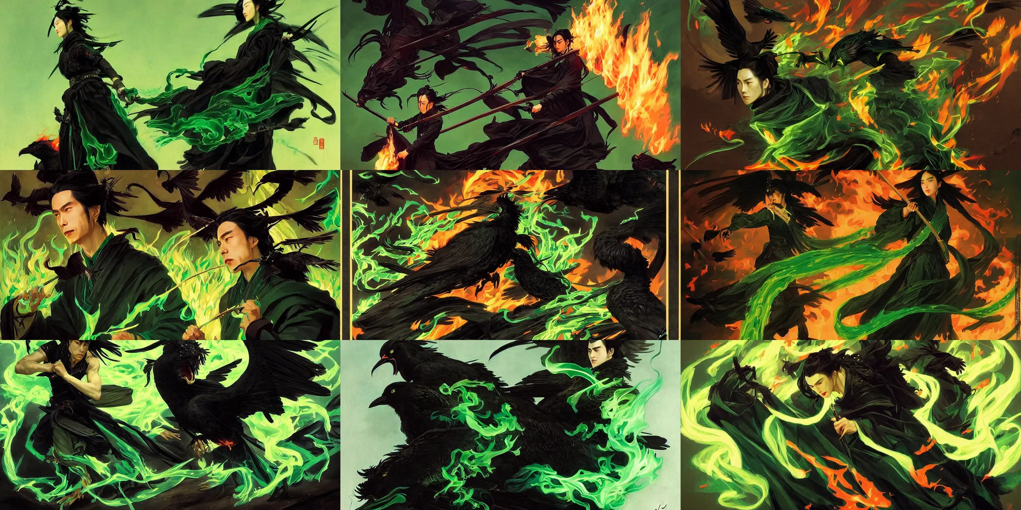 Prompt: wei wuxian mo zu dao shi, dark, green flames everywhere, green fire, crows, black smoke, in the style j. c. leyendecker and greg rutkowski