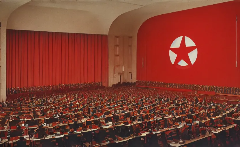 Prompt: 60s movie still of a stalinist style sovietic parlement with a giant USSR flag, by Irving Penn , cinestill 800t 35mm eastmancolor, heavy grainy picture, very detailed, high quality, 4k, HD criterion, precise texture, panoramic, cinematic