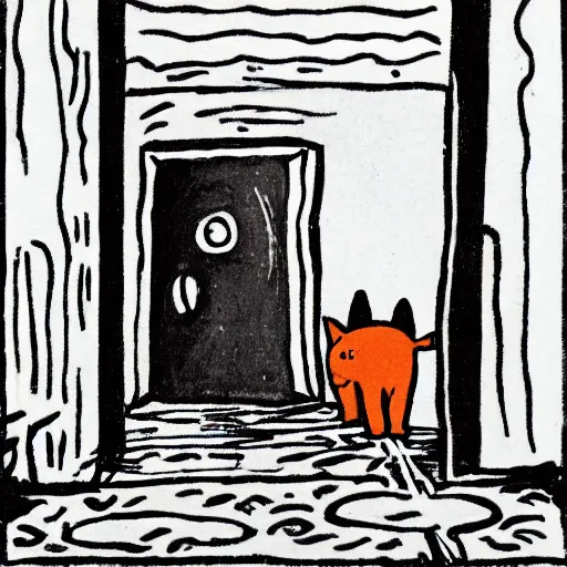 Image similar to by tove jansson, an orange cat crossing in front of a dim doorway, comic