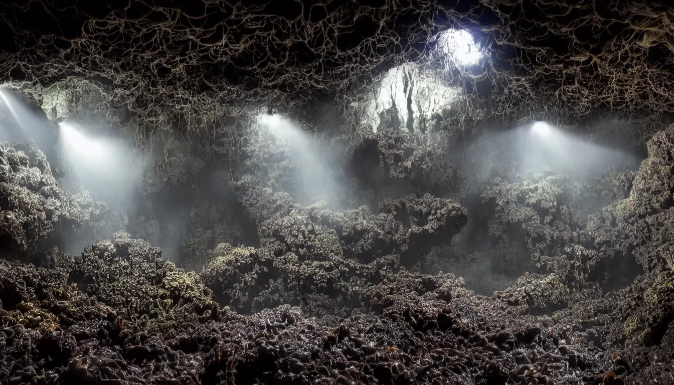 Prompt: inside huge dark wet cave looking out with growing fungal mycelium biodiversity all round , futuristic cities emerge in between the rock formations, deep boiling pools of water reflecting the surfaces around them spraying steam high into the air , dramatic dusk illuminates areas and cast strong shadows, volumetric light through the boiling mist ,detailed entangled fibres carpet the fallen rocks , tree roots puncture and crack rocks , stormy clouds gather in the distance ,emerging hands and an ancient male bearded face , Hundreds of humans , emerging hands and beautiful women’s and men screaming laughing and crying face , full colour , upscale , 4k