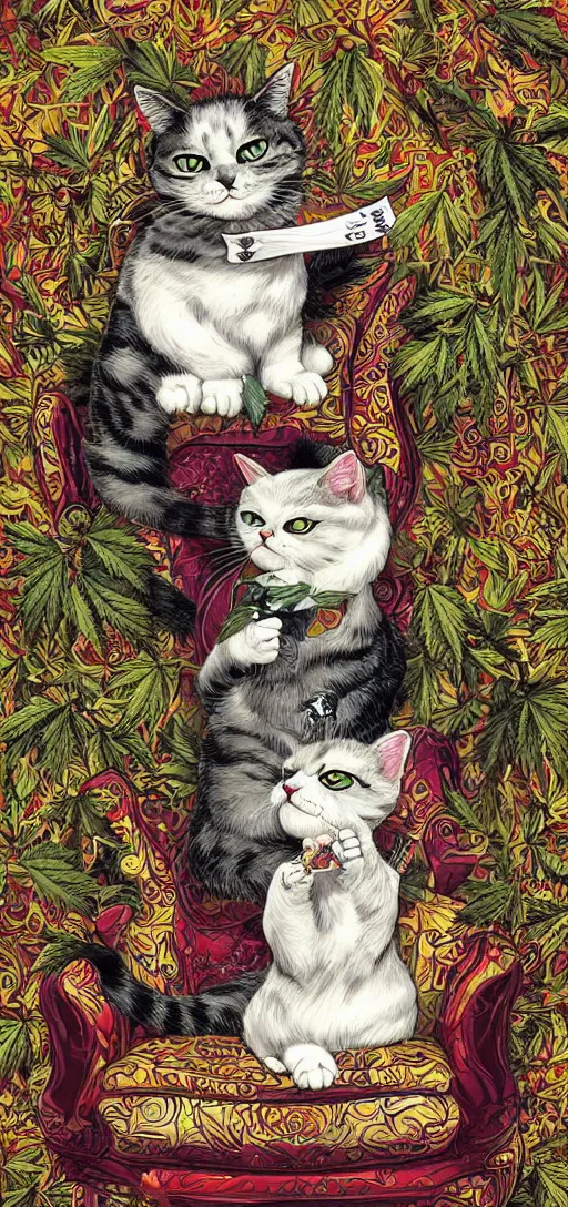 Image similar to ”happy smiling cat holding a marifuana joint while sitting high on a sofa, marijuana leaves swirling in the background, [ultra detailed, contrast, ornate and intricate, art by joe fenton]”