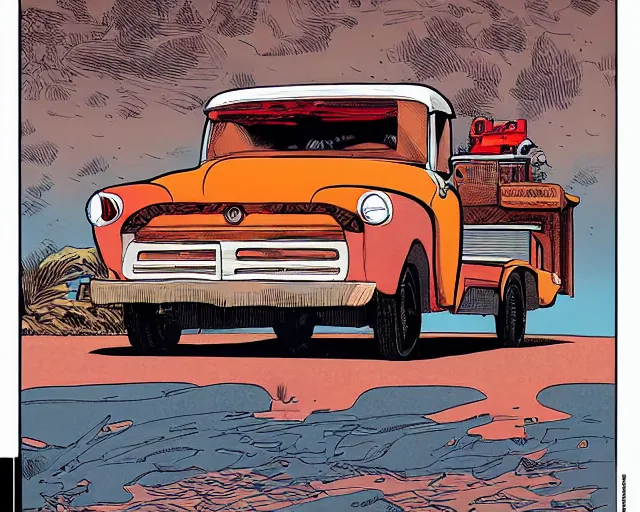 Image similar to a portrait of an old pickup truck by arthur adams and moebius and chip zdarsky