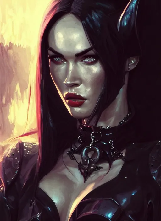 Image similar to portrait of megan fox as a evil demon, collar and leash, batwings, hell, dark, intricate, headshot, key visual, conceptart, ambient lighting, highly detailed, digital painting, artstation, concept art, sharp focus, by makoto shinkai and akihiko yoshida and greg manchess