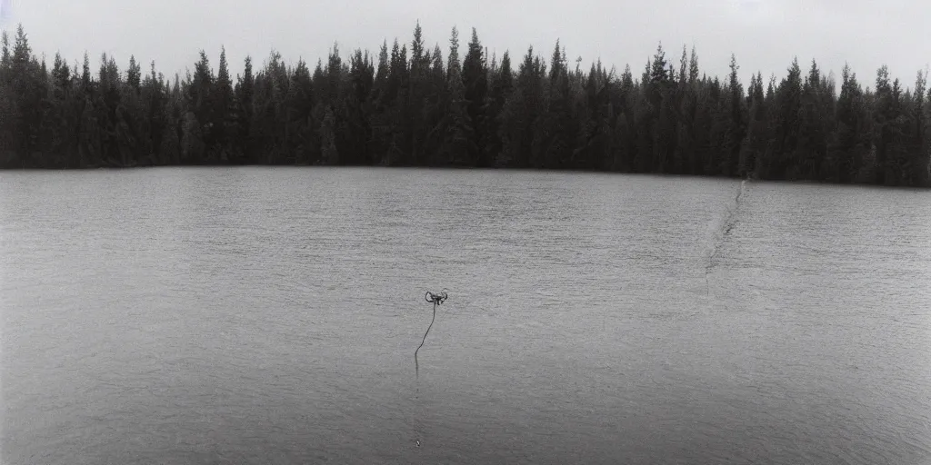 Image similar to symmetrical photograph of a very long rope on the surface of the water, the rope is snaking from the foreground towards the center of the lake, a dark lake on a cloudy day, trees in the background, moody scene, dreamy kodak color stock, anamorphic lens