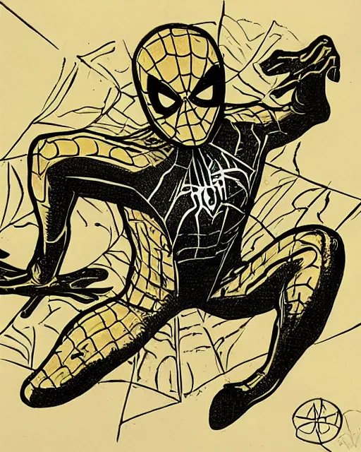 Image similar to sketch of a gold and black spider - man by steve ditko