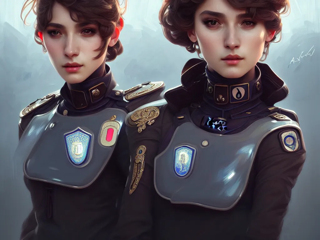 Image similar to portrait futuristic italy police uniform female, at future neon light rooftop, ssci - fi and fantasy, intricate and very very beautiful and elegant, highly detailed, digital painting, artstation, concept art, smooth and sharp focus, illustration, art by tan zi and ayanamikodon and alphonse mucha and wlop
