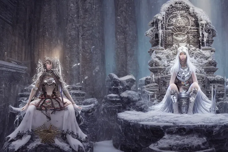 Image similar to a female goddess sitting on a throne in an icy realm at a shrine to worship her at, intricately detailed, physically based rendering, realistic, in the style of WLOP, illustration, epic, fantasy, hyper detailed, smooth, unreal engine, sharp focus, ray tracing