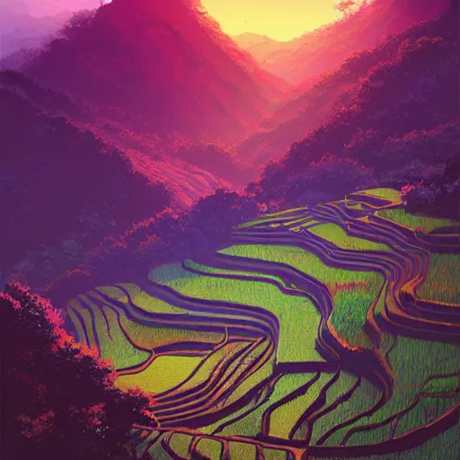 Image similar to beautiful scenery of rice terraces, by anato finnstark, by alena aenami, by john harris, by ross tran, by wlop, by andreas rocha