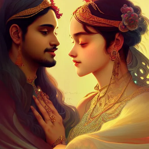 Image similar to portrait of beautiful young bengali romantic couple fantasy, intricate and very very beautiful and elegant, highly detailed, digital painting, artstation, concept art, smooth and sharp focus, illustration, art by tan zi and ayanamikodon and alphonse mucha and wlop