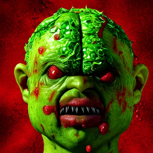 Image similar to a face made of brussels sprouts, horror, terrifying, demon, blood, 8 k, trending on artstation, 8 0 mm photography, hyperrealistic