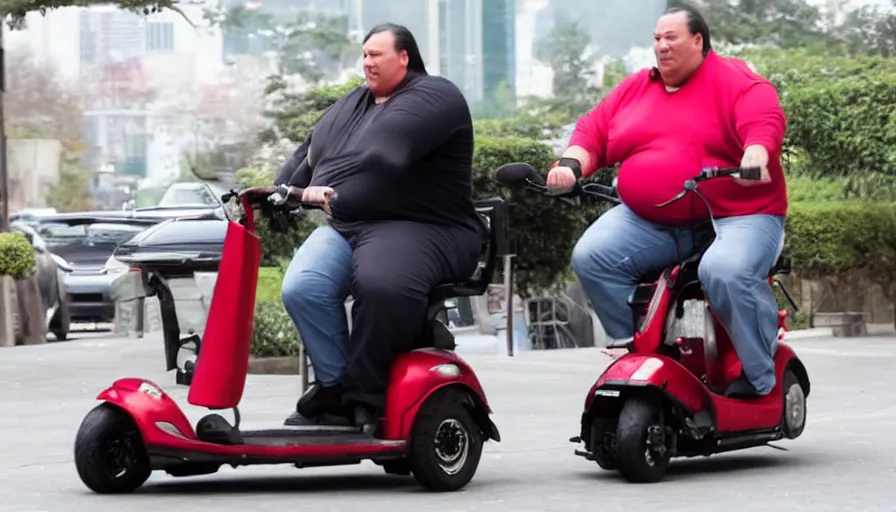 Prompt: obese Steven Seagal riding a mobility scooter, action cinematography