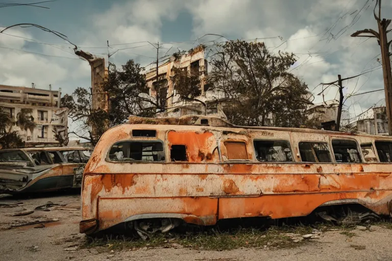 Image similar to low wide angle shot of dilapidated fallout 5 miami, european small town, desolate, dilapidated neon signs, few rusted retro futuristic vintage parked vehicles like cars, buses, trucks, trams, volumetric lighting, photorealistic, daytime, autumn, sunny weather, sharp focus, ultra detailed, f 1. 4, 4 0 0 0 k