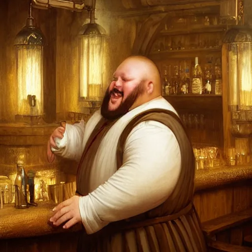 Prompt: portrait of a happy fat man dressed in a medieval tunic standing behind a bar, detailed face, fantasy, highly detailed, cinematic lighting, digital art painting by greg rutkowski