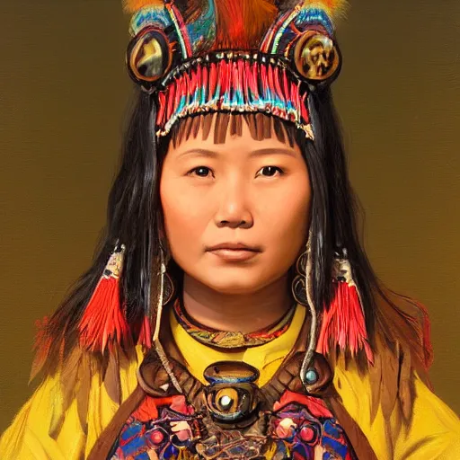 Prompt: portrait of a young paiwan woman ( 3 5 ) from taiwan in 2 0 2 1, an oil painting by ross tran and thomas kincade