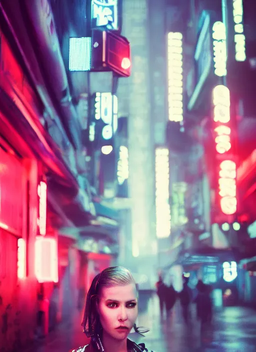 Image similar to A hyper realistic and detailed head portrait photography of a Rachael of Blade Runner on a futuristic street. by David Dubnitskiy. Neo noir style. Cinematic. neon lights glow in the background. Cinestill 800T film. Lens flare. Helios 44m