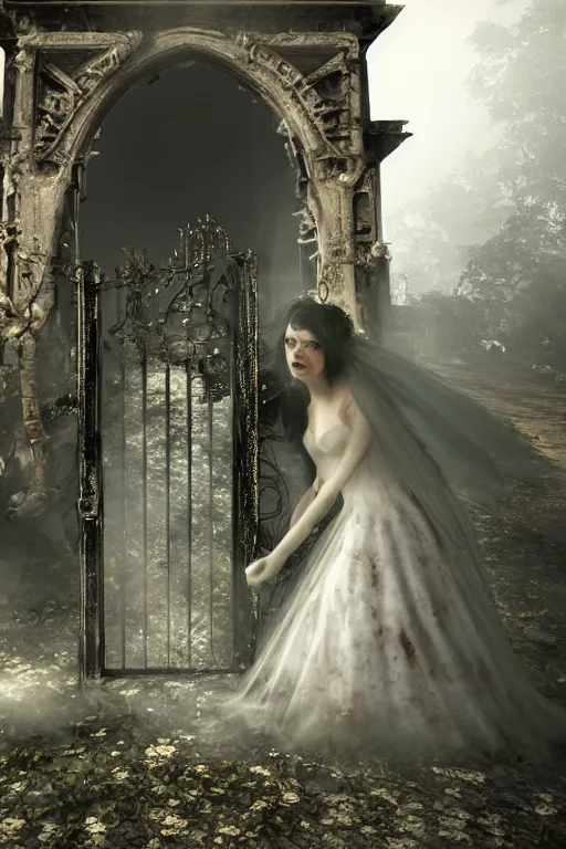 Prompt: a zombie bride with flowing dress and veil at the ornate gate of a decrepit house, night, mist, smoke, scary, spooky, dramatic lighting, moody, style of stephen jones, bernie wrightson, derek riggs, virgil finlay, fantasy, horror, octane render 8 k