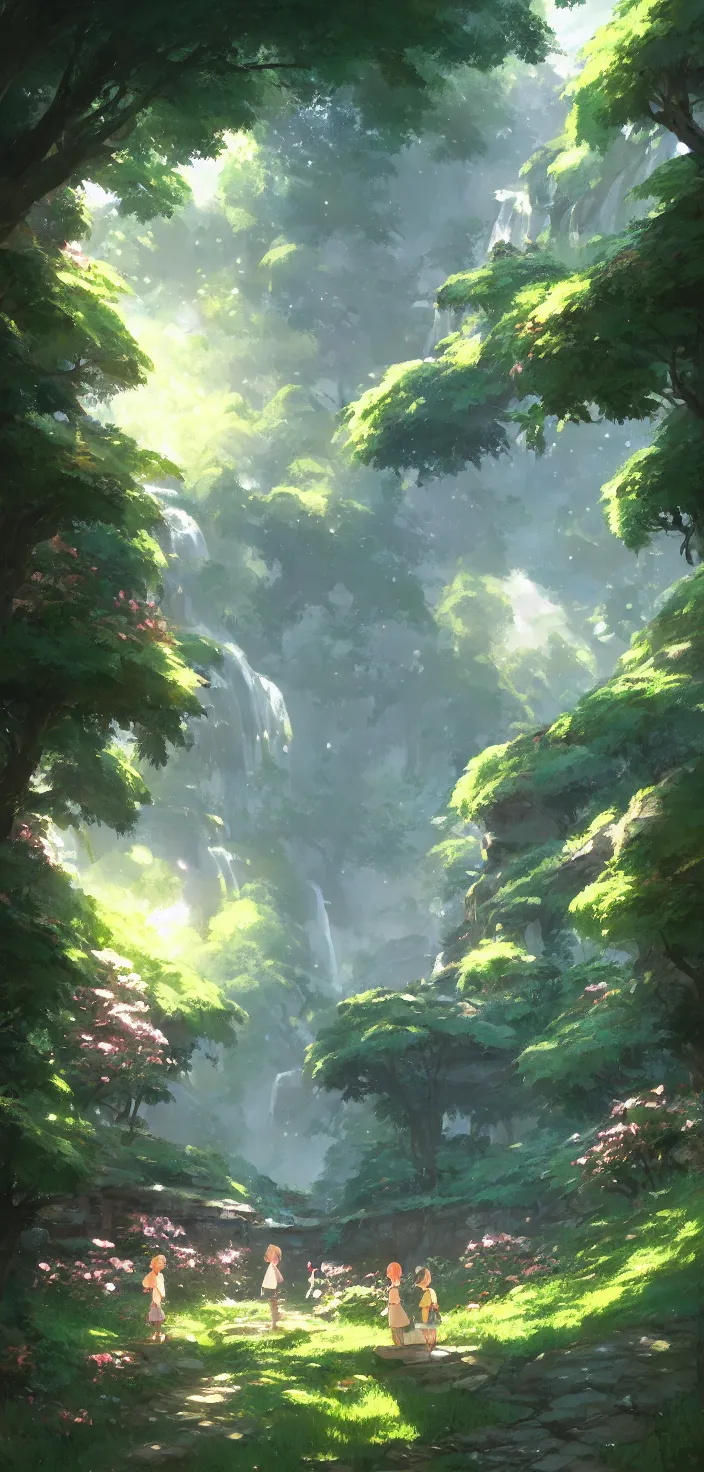 Prompt: village in the woods with a flower garden near a waterfall, gapmoe kuudere moody lighting stunning bokeh highlights sharp contrast | trending pixiv fanbox | by greg rutkowski makoto shinkai takashi takeuchi studio ghibli