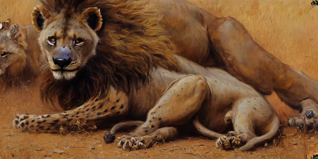 Image similar to an exhausted lion hyena in tshit and jeans. highly detailed painting by gaston bussiere, craig mullins, j. c. leyendecker 8 k