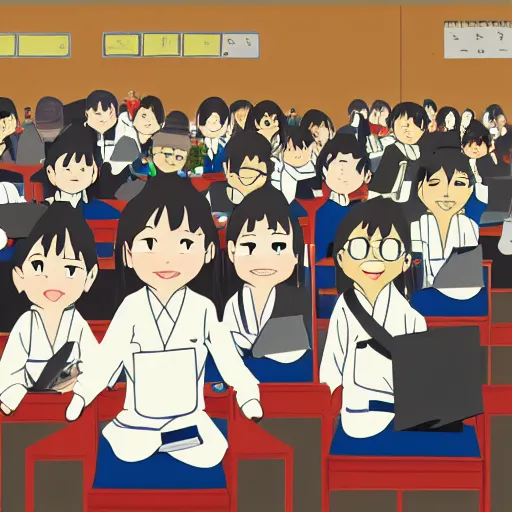 Prompt: japanese students in class, ghibli style, wallpaper