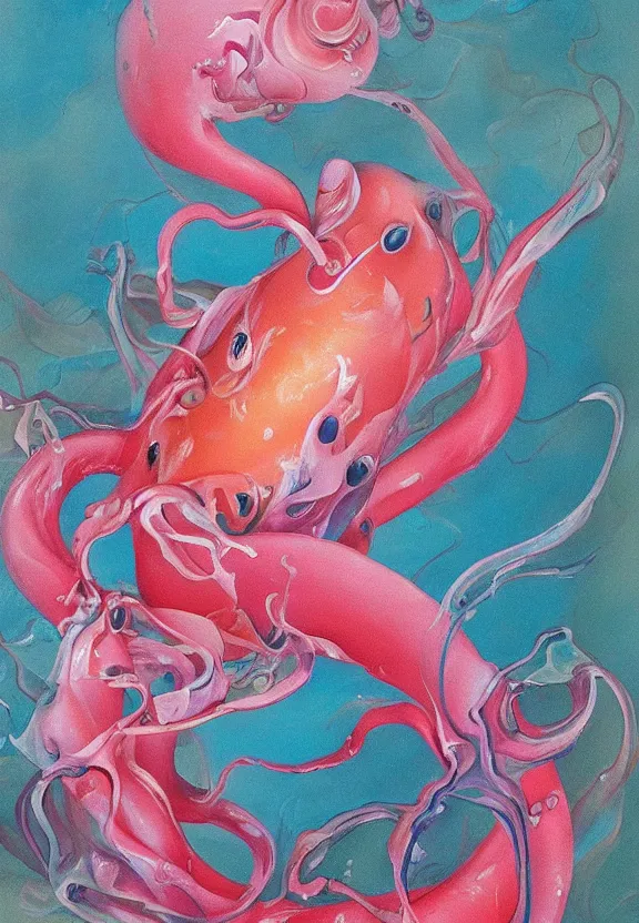 Prompt: a biomorphic painting of a koi, flower, surrealist painting by krenz cushart and dorothea tanning, pastel blues and pinks, melting, plastic, featured on artstation, tentacles, pink bees, metaphysical painting, oil on canvas, fluid acrylic pour art, airbrush art, concept art hyper realistic, rococo, lovecraftian