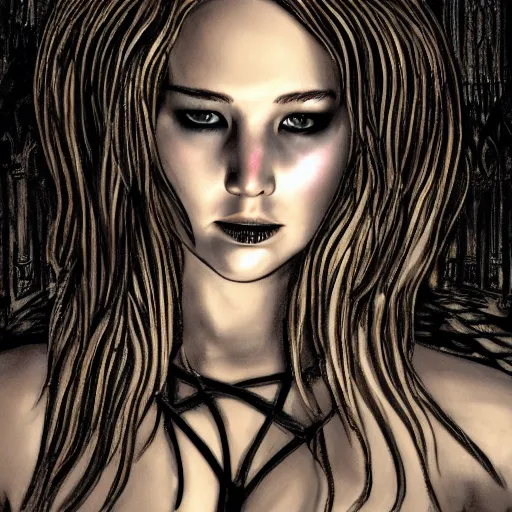 Prompt: jennifer lawrence as a succubus in a gloomy gothic cathedral at night