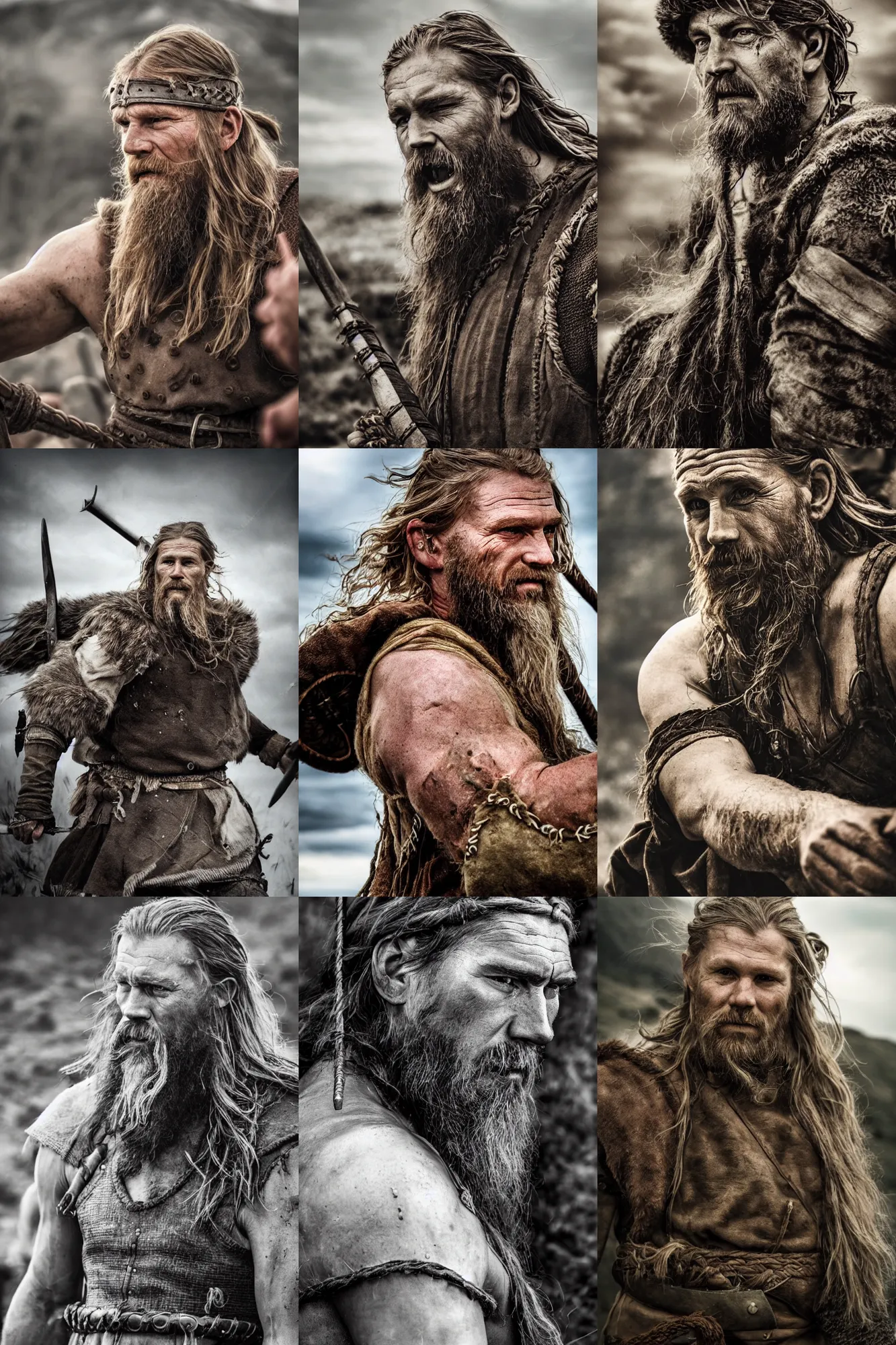 Prompt: realistic photograph of a rugged viking man in the middle of battle, highly detailed, cinematic, portrait, close - up,