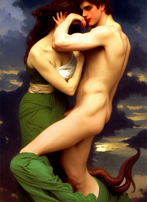 Prompt: mills and boon romance novel cover with cthulhu!! and eva mendes, they are in love, by william - adolphe bouguereau, john singer sargent, digital painting, artstation, concept art, smooth, sharp focus, warm lighting,