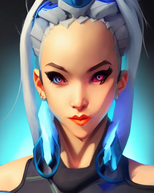 Image similar to overwatch concept art character portrait of a new character who is a wizard with blue hair, trending on artstation, cgsociety,