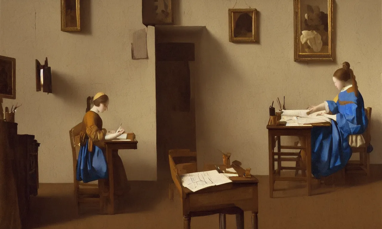 Prompt: a beautiful painting of lofi girl studying at her desk by Johannes Vermeer trending on Artstation