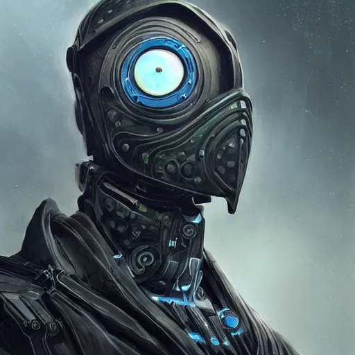 Image similar to low angle shot of a cyberpunk gazmask robot character with blue eyes, front shot, intricate, elegant, highly detailed, centered, digital painting, artstation, concept art, smooth, sharp focus, illustration, artgerm, Tomasz Alen Kopera, Peter Mohrbacher, donato giancola, Joseph Christian Leyendecker, WLOP, Boris Vallejo