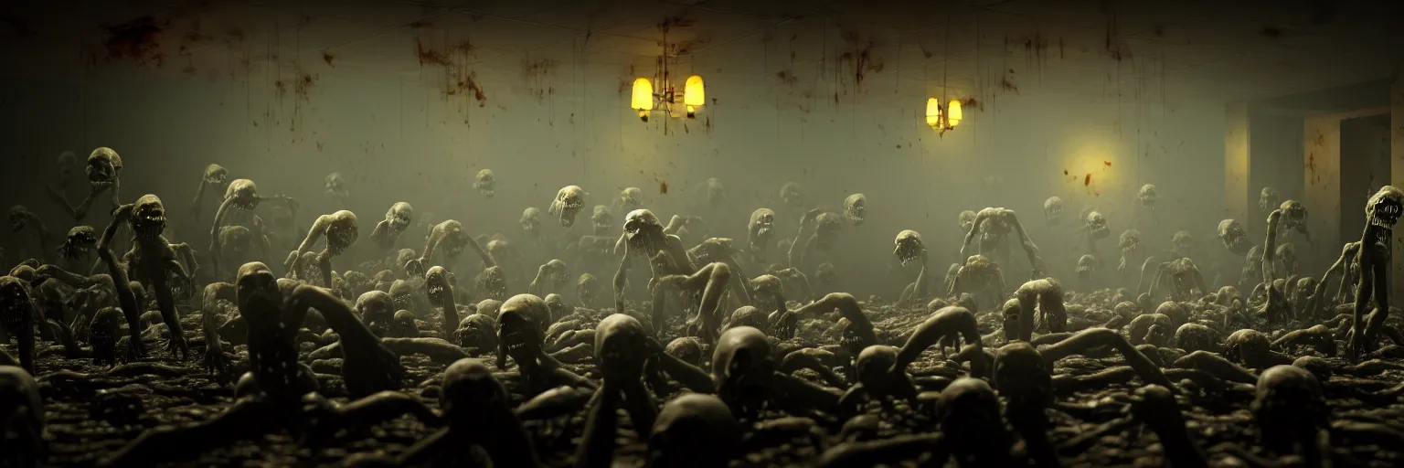 Prompt: undead zombies grabbing on moldy hamburgers with their hands inside a dark dingy restaurant, moldy hamburgers of various type all pile up very high around them, atmospheric lighting, foggy, very intricate details, hyper realistic, 8 k, movie concept art, octane render, - h 5 1 2