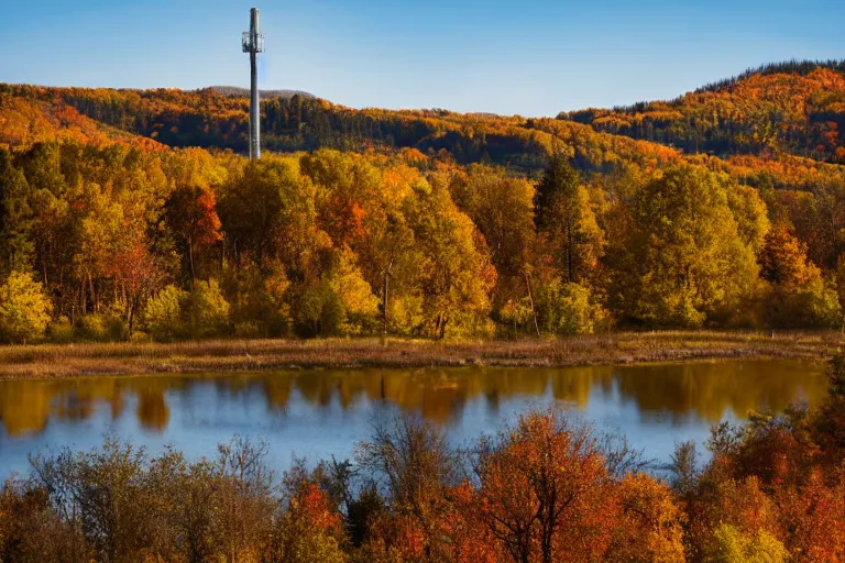 Prompt: a hill with a radio tower next to a pond, autumn hills in background. telephoto lens photography.