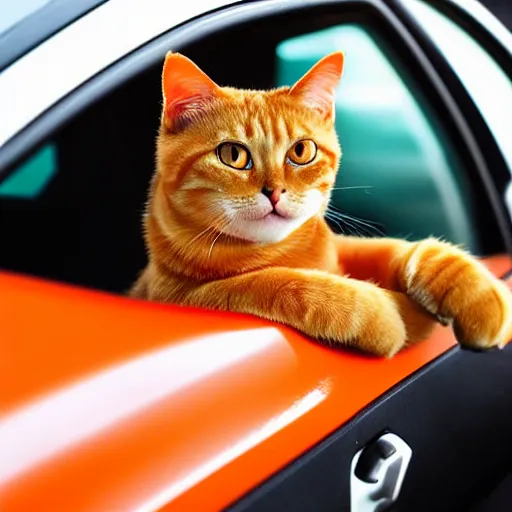 Image similar to an orange tabby cat driving a car