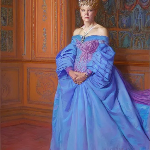 Prompt: portrait of a queen, dressed in blue and pink, by donato giancola.