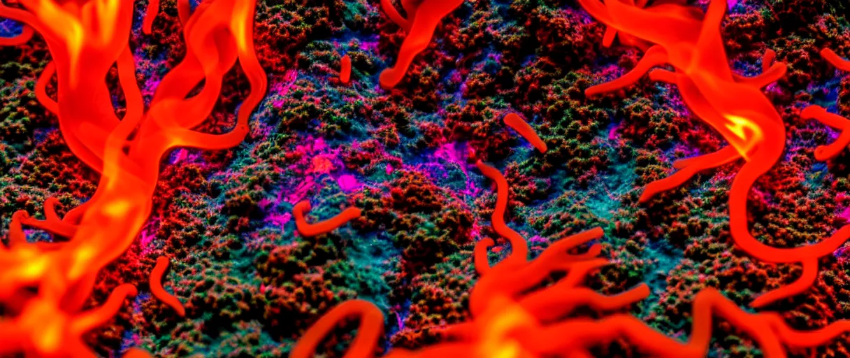 Image similar to Temple wearing flame fire smoke, radiating atomic neon corals, veiny network growth with fungal pattern, dramatic studio lighting 8k wide angle shallow depth of field