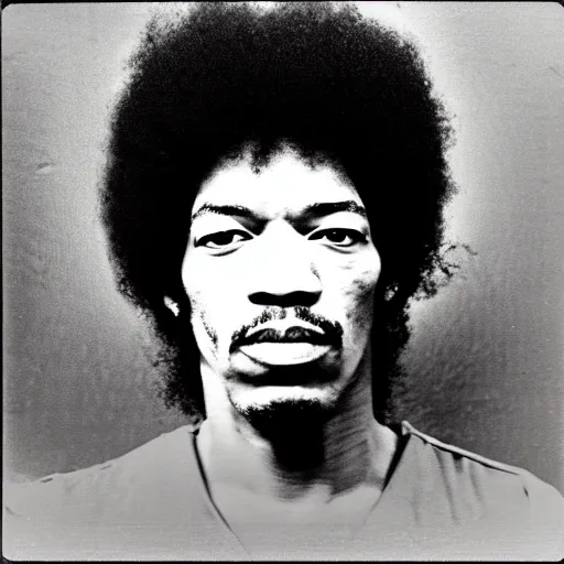 Prompt: Mugshot Portrait of Jimi Hendrix, taken in the 1970s, photo taken on a 1970s polaroid camera, grainy, real life, hyperrealistic, ultra realistic, realistic, highly detailed, epic, HD quality, 8k resolution, body and headshot, film still, front facing, front view, headshot and bodyshot, detailed face, very detailed face