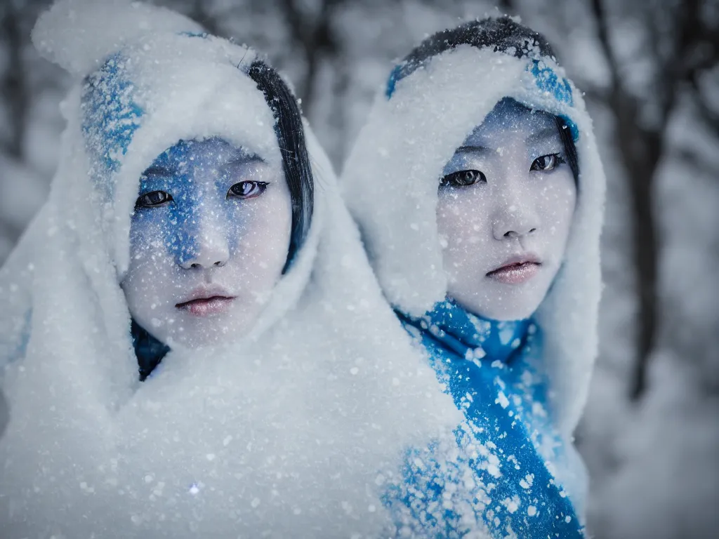 Prompt: the piercing stare of yuki onna, snowstorm, blizzard, mountain snow, canon eos r 6, bokeh, outline glow, asymmetric beauty, billowing cape, blue skin, centered, rule of thirds