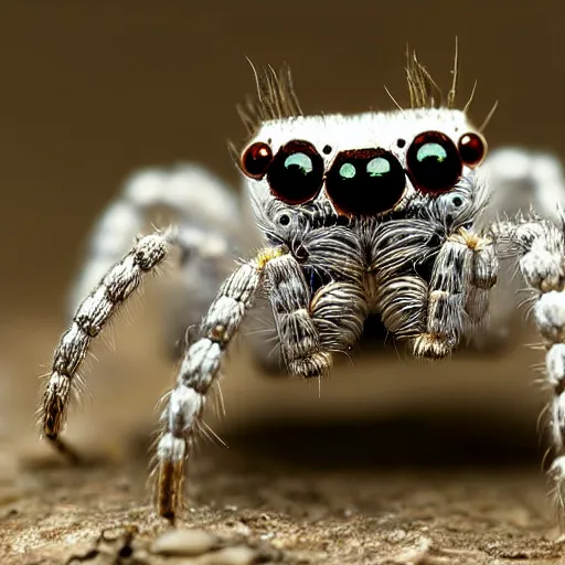 Prompt: cyborg jumping spider, by natgeo, metal parts