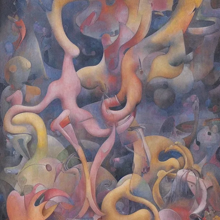 Prompt: abstract bestiary sculpted by brancusi. annihilation of the petals. ten thousand mineral colors. painting by ciurlionis, yves tanguy, jean delville