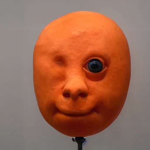 Image similar to a taxidermized humanaized orange, in a museum, portrait, sad eyes