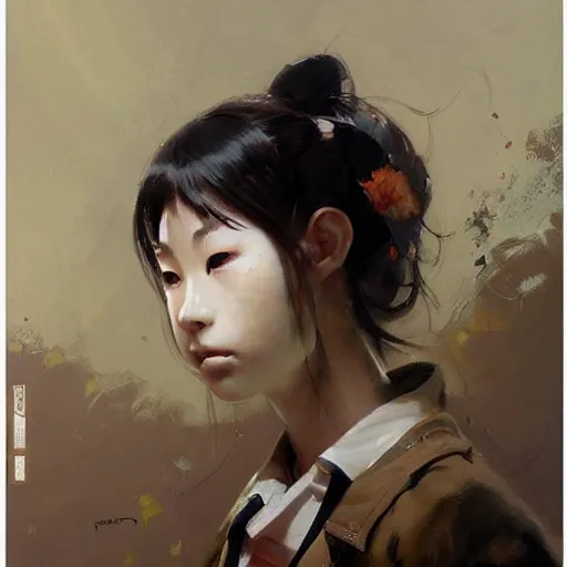 Image similar to a painting of Japanese schoolgirl by Greg Rutkowski, Peter Mohrbacher, Craig Mullins, Karol Bak, Michael Garmash.