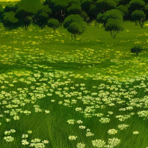 Prompt: A wide-up shot of a sea of withe dandelions with green wind blowing, anime style, Studio Ghibli style, cel shading,