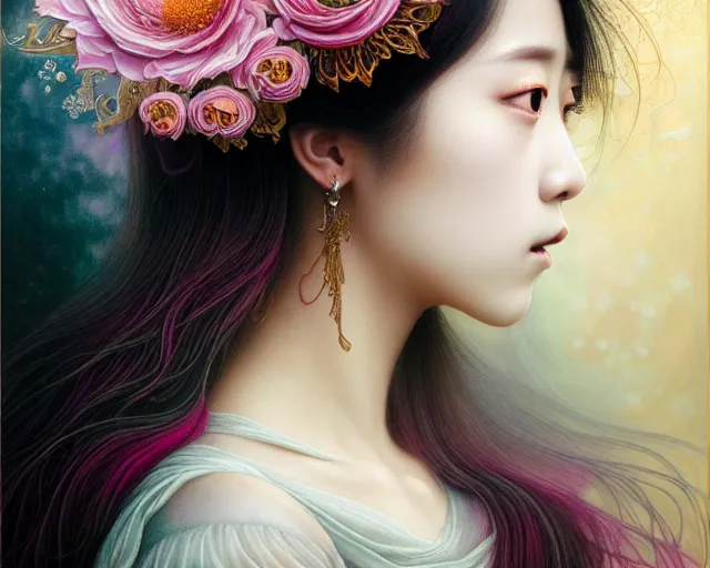 Prompt: jisoo from blackpink, portrait, rococo and art nouveau fusion, iridescent diaphanous refractive and reflective flower bouquet, tarot card, hyperrealistic, highly detailed, deep focus, intricate, elegant, digital painting, smooth, sharp focus, illustration, ultra realistic, 8 k, art by karol bak and agnes cecile