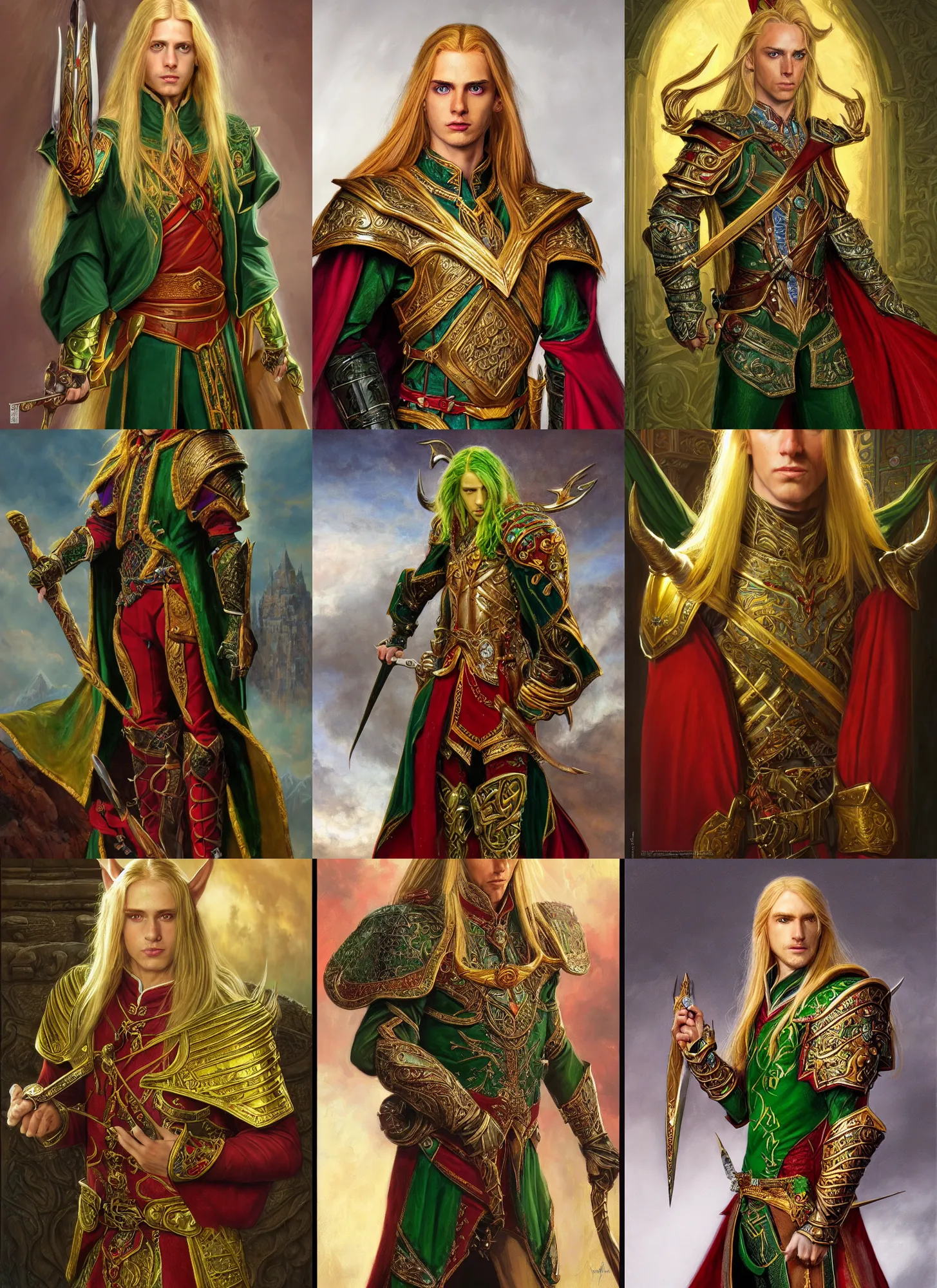 Prompt: a portrait of a noble high elf with long blonde hair, his eyes are a vibrant green color, young adult male, wearing red and gold ornate attire, style by donato giancola, wayne reynolds, jeff easley dramatic light, high detail, cinematic lighting, artstation, dungeons and dragons