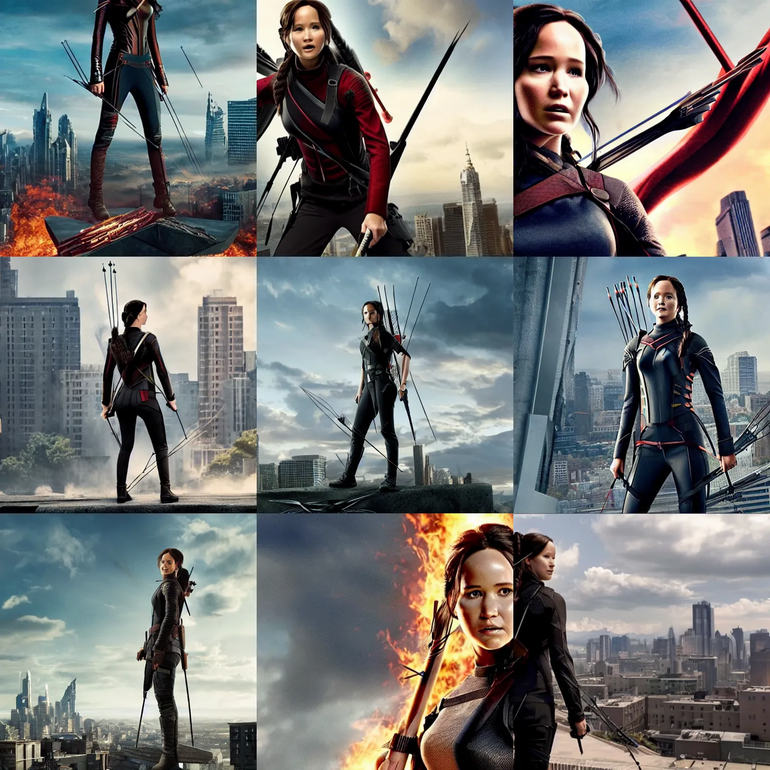 Prompt: Film still, Katniss Everdeen grows to an enormous size, towering over a city, from the Marvel movie 'Ant-Man and the Wasp' (2018)