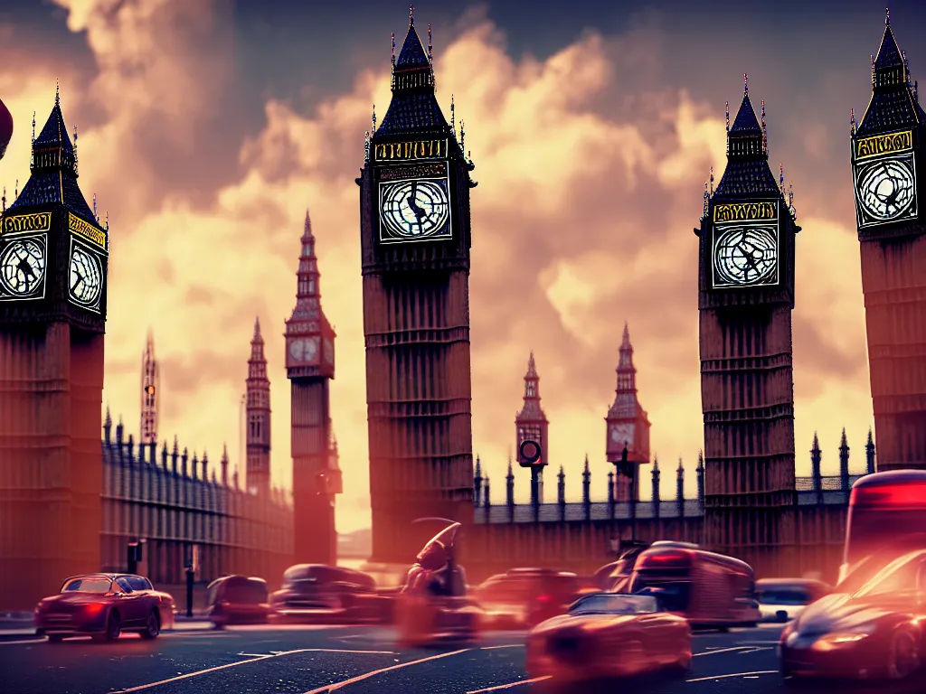 Image similar to a giant ancient beautiful cyborg of the elder gods with pipes and tubes in the city of London, an image of a beautiful cyborg, a beautiful cyborg, a cyborg, London streets with one bigben in the background, colourful, dramatic lighting, spring time, very detailed octane render very realistic beautiful