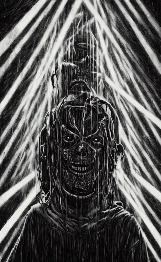 Prompt: portrait of slipknot, surrounded by beams of light dark background by wayne barlow, stanley donwood, anton semenov, zdzislaw bekinski, hr giger, 8 k, fantasy, dark, highly detailed